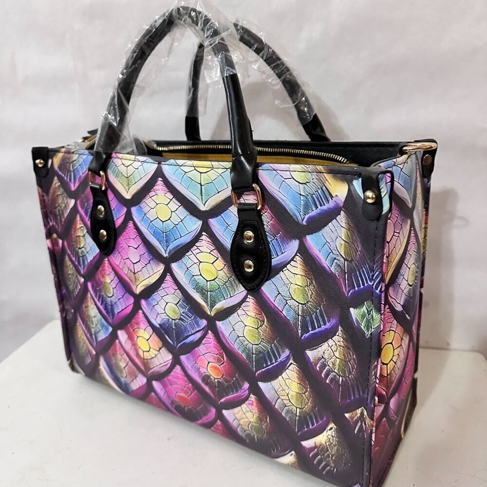 Psychedelic Mermaid Tote Bag Genuine Leather NWT Designer Pop Art Statement Gift - Picture 4 of 9